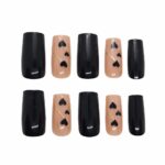 black-heart-press-on-nails-long-square-with-nude-and-gold-accent-design-glamour-woman
