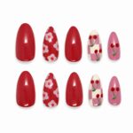 cherry-blossom-red-and-pink-almond-nails-with-cute-floral-checkered-design-glamour-woman