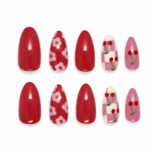 cherry-blossom-red-and-pink-almond-nails-with-cute-floral-checkered-design-glamour-woman