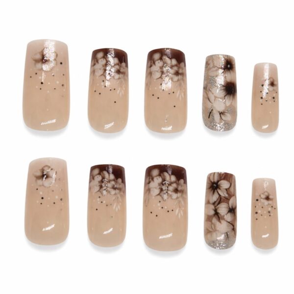elegant-floral-press-on-nails-flower-nude-and-brown-design-with-rhinestones-glamour-woman