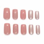 elegant-nude-pink-glitter-press-on-nails-short-square-shape-glamour-woman