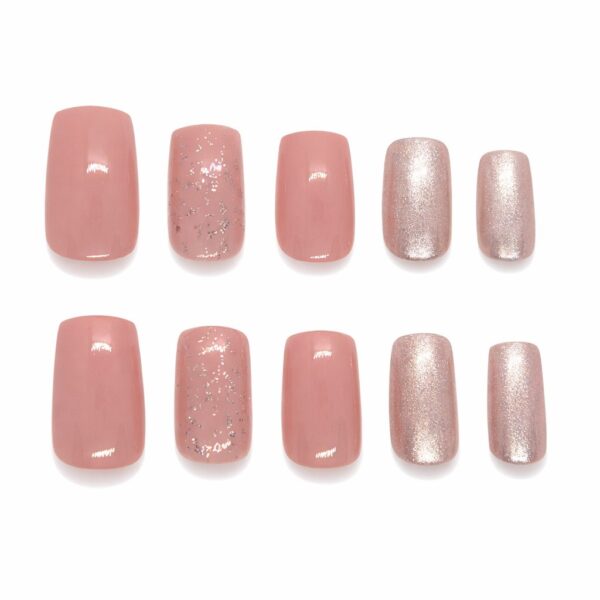 elegant-nude-pink-glitter-press-on-nails-short-square-shape-glamour-woman