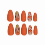 fox-press-on-nails-orange-matte-nail-art-with-leaves-glamour-woman