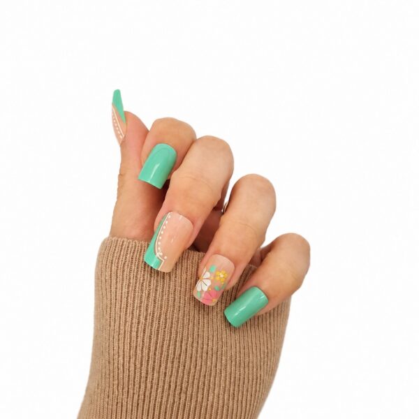 pastel-mint-floral-medium-square-press-on-nails-on-hand