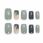 silver-glitter-green-press-on-nails-medium-square-glossy-set-glamour-woman