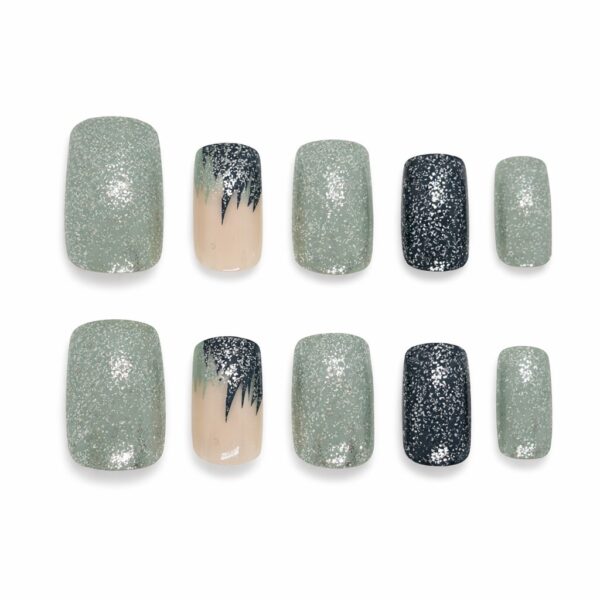 silver-glitter-green-press-on-nails-medium-square-glossy-set-glamour-woman
