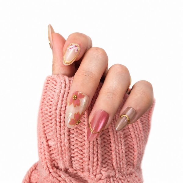 golden-blossom-floral-pink-press-on-nails-on-hand